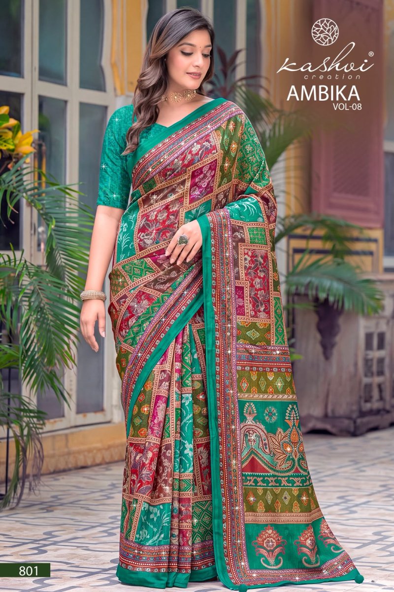 Ambika Vol 8 By Kashvi Chocolate Printed Glass Work Saree 